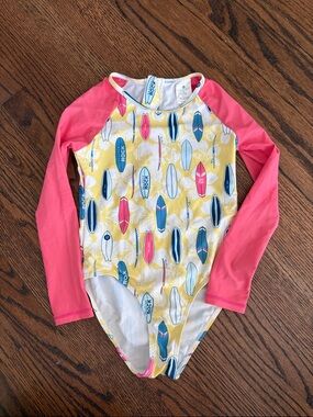 Snapper Rock Pink & Yellow Surfboard Long-Sleeve Rashguard One-Piece
